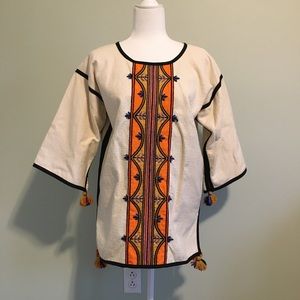 Embroidered Tassel Tunic Top Cream M